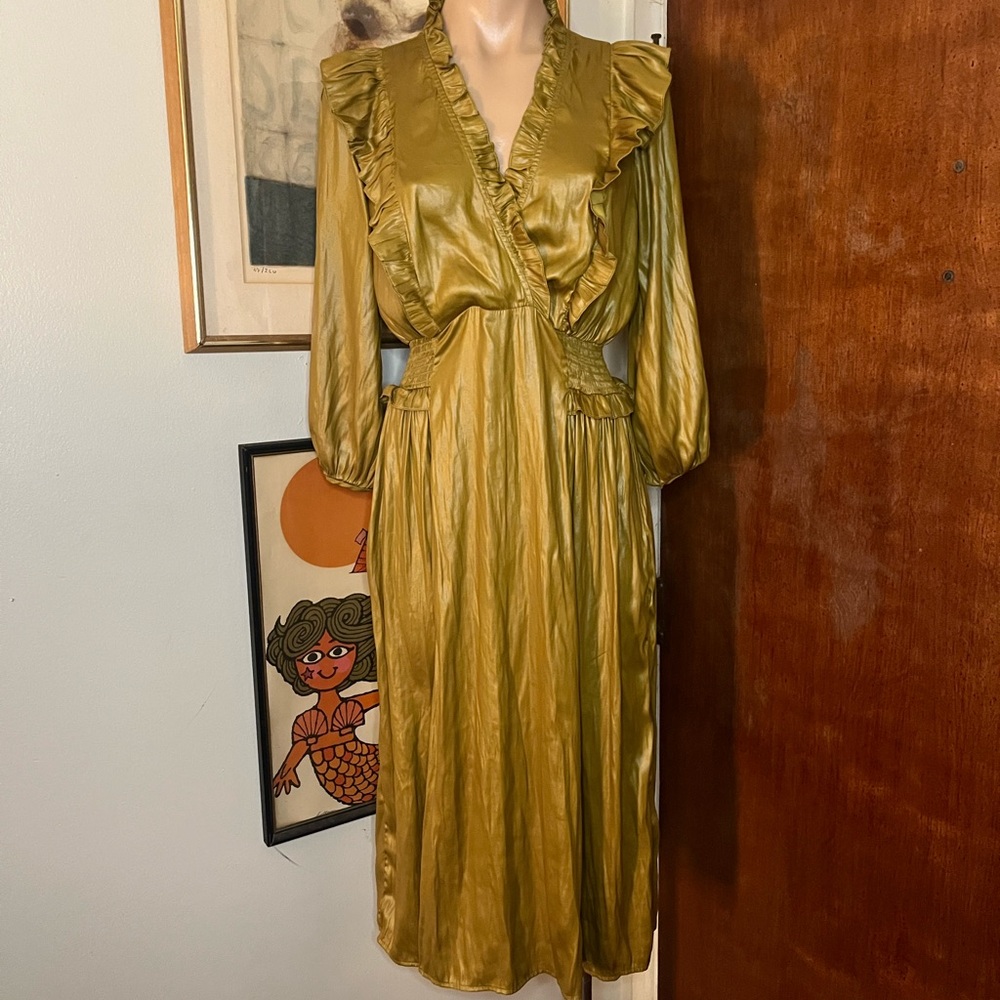 Anthropologie Current Air Womens Olive Ruffle Faux Wrap Midi Dress XS